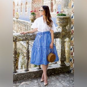 J Crew Blue White Striped Button Front Midi Skirt Size 10 Tie Belt with Pockets